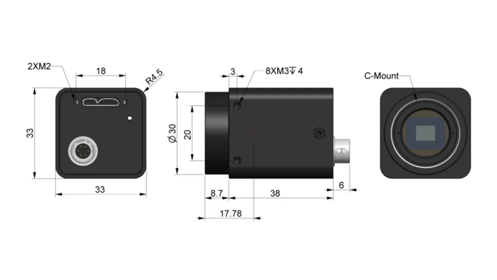 阿秒科技400-1700nm波段USB3.0接口短波红外相机外形尺寸图